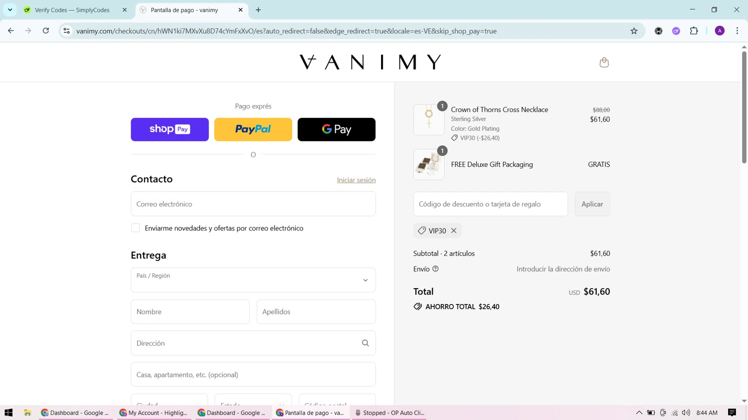 Vanimy discount code screenshot showing code VIP30 applied at Vanimy checkout page. Uploaded by SimplyCodes community member CashChaser7272 on Aug 13, 2025