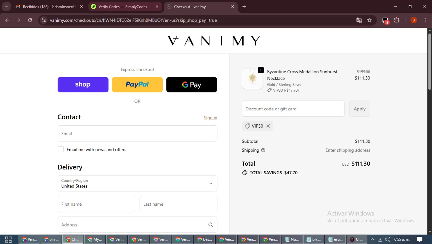 Vanimy discount code screenshot showing code VIP30 applied at Vanimy checkout page. Uploaded by SimplyCodes community member DiscountExpert6435 on Oct 19, 2025