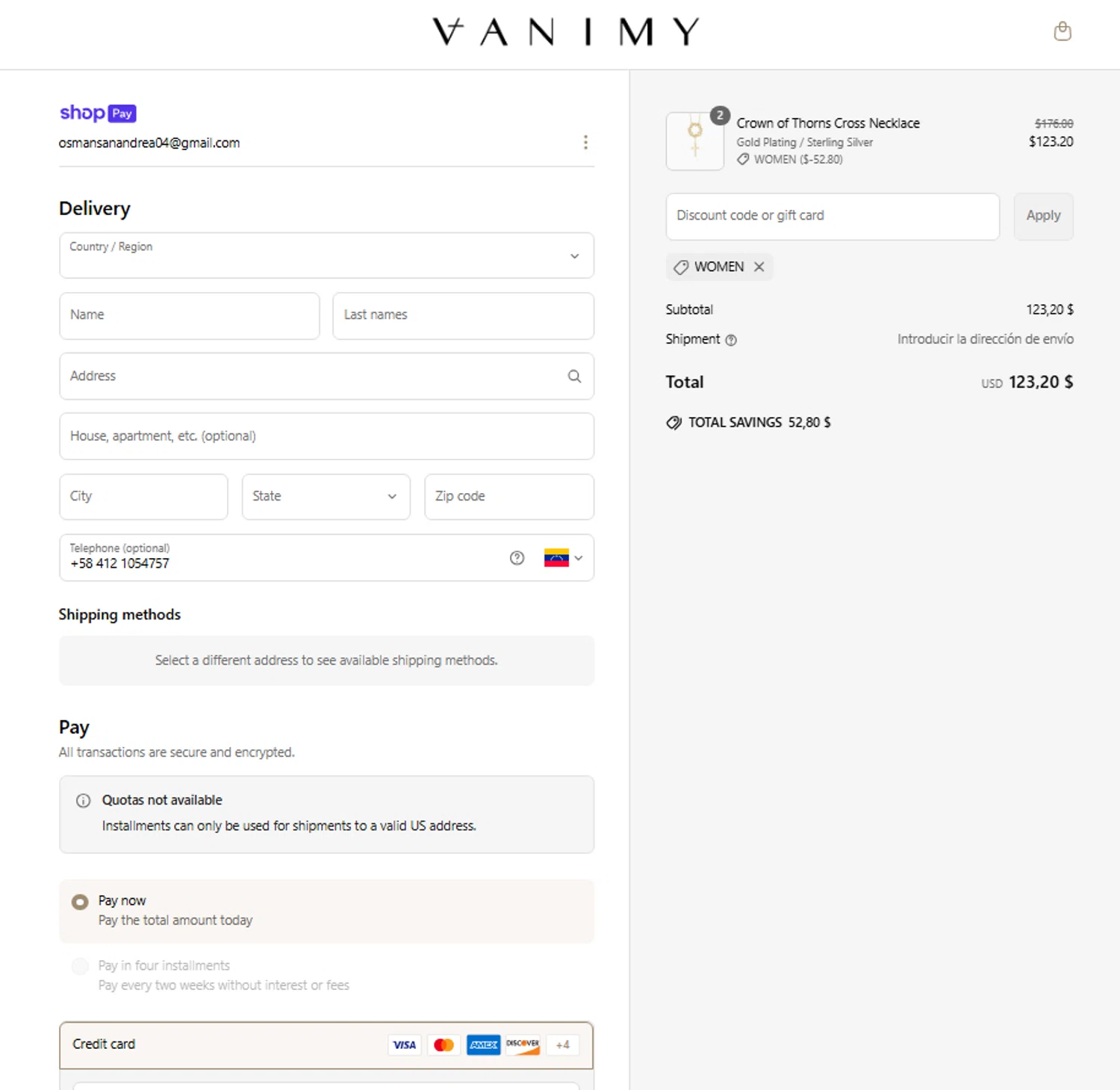 Vanimy discount code screenshot showing code WOMEN applied at Vanimy checkout page. Uploaded by SimplyCodes community member ElonMusk on Mar 30, 2025