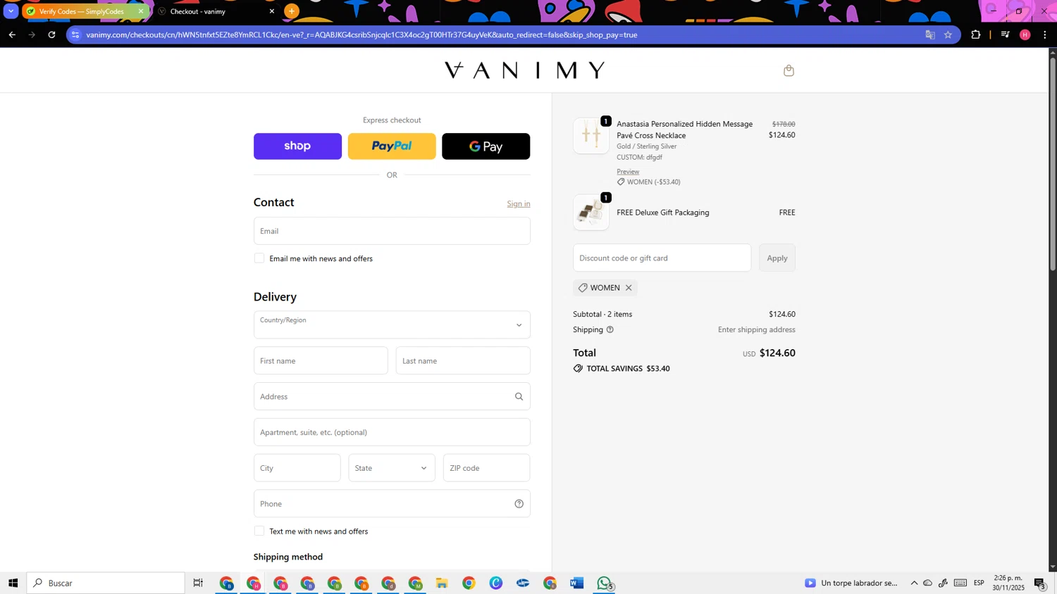 Vanimy discount code screenshot showing code WOMEN applied at Vanimy checkout page. Uploaded by SimplyCodes community member TokenSleuth5758 on Nov 30, 2025