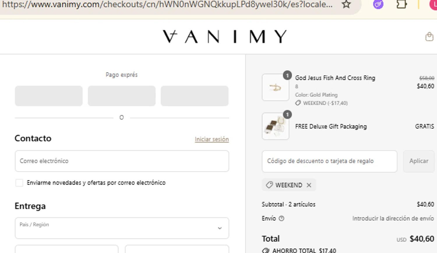 Vanimy discount code screenshot showing code WEEKEND applied at Vanimy checkout page. Uploaded by SimplyCodes community member RewardFinder4836 on Jul 19, 2025