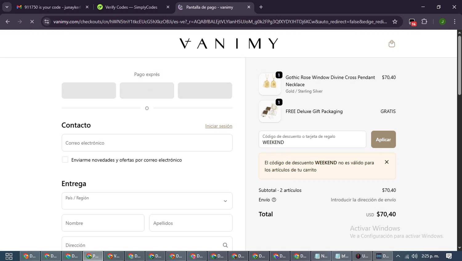 Vanimy discount code screenshot showing code WEEKEND applied at Vanimy checkout page. Uploaded by SimplyCodes community member SmartLion6646 on Nov 30, 2025