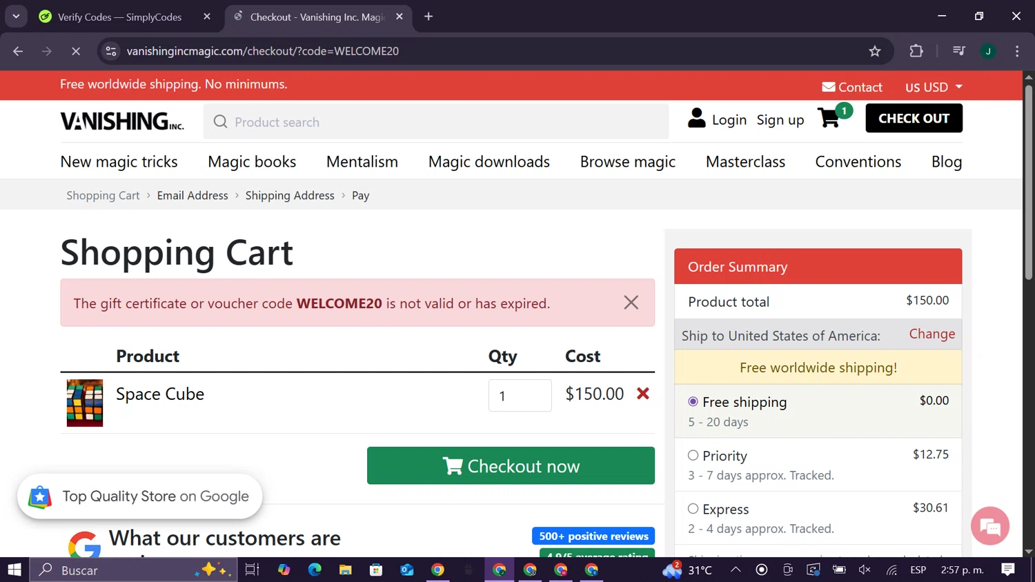 Vanishing Inc discount code screenshot showing code WELCOME20 applied at Vanishing Inc checkout page. Uploaded by SimplyCodes community member CleverElite8110 on Sep 19, 2025