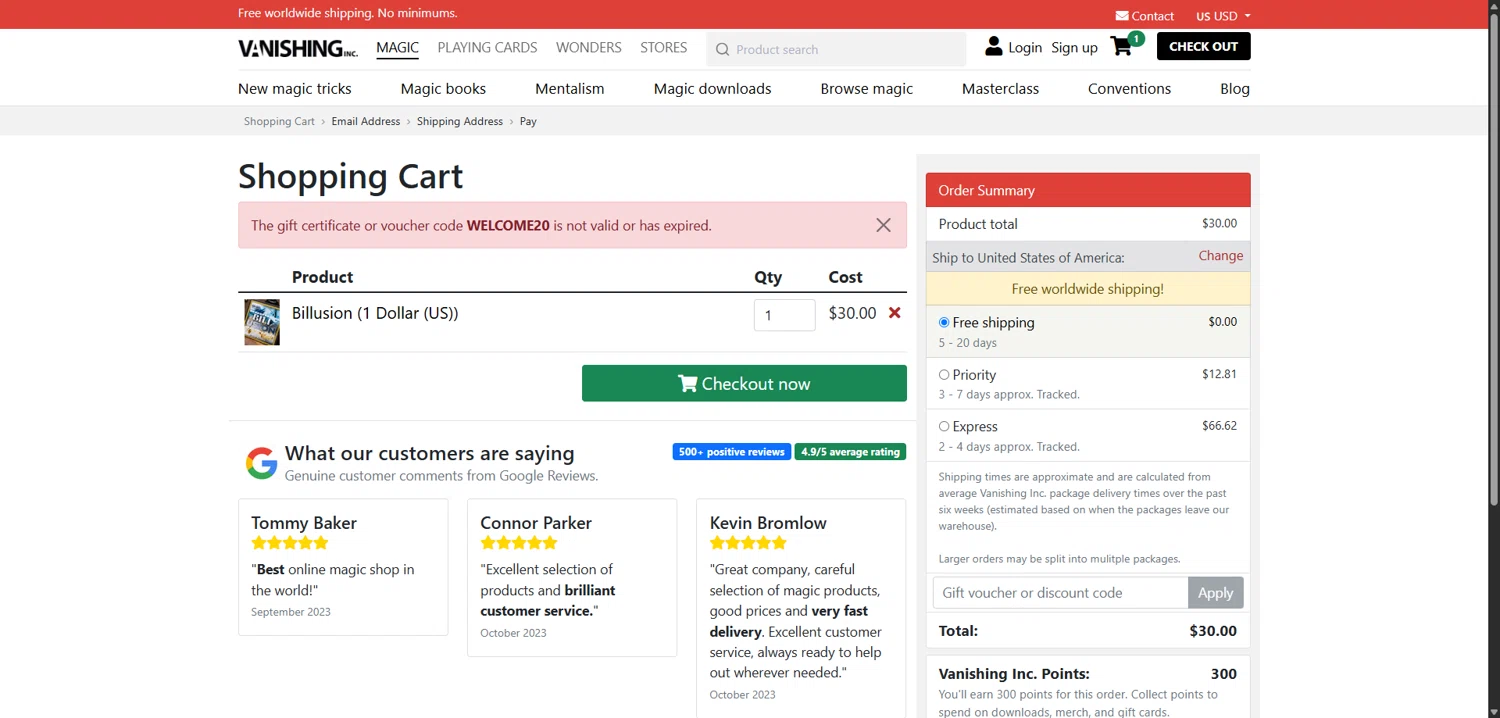 Vanishing Inc discount code screenshot showing code WELCOME20 applied at Vanishing Inc checkout page. Uploaded by SimplyCodes community member VoucherVirtuoso5207 on Oct 25, 2025