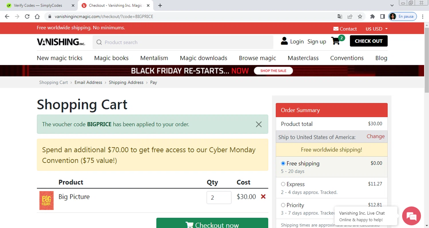 Vanishing Inc discount code screenshot showing code BIGPRICE applied at Vanishing Inc checkout page. Uploaded by SimplyCodes community member PrimeAdmiral8733 on Dec 12, 2025