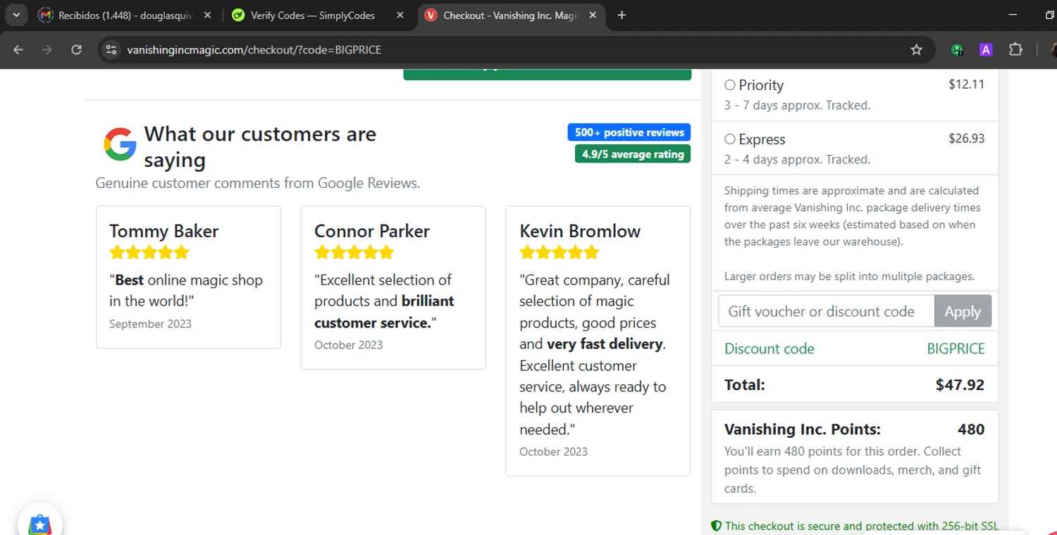 Vanishing Inc discount code screenshot showing code BIGPRICE applied at Vanishing Inc checkout page. Uploaded by SimplyCodes community member WiseLegend5590 on Aug 22, 2025