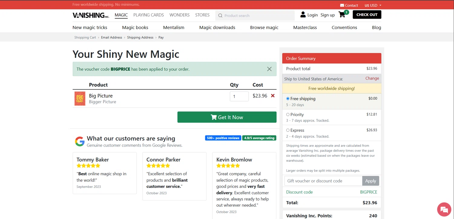 Vanishing Inc discount code screenshot showing code BIGPRICE applied at Vanishing Inc checkout page. Uploaded by SimplyCodes community member ishidashoya on Oct 13, 2025