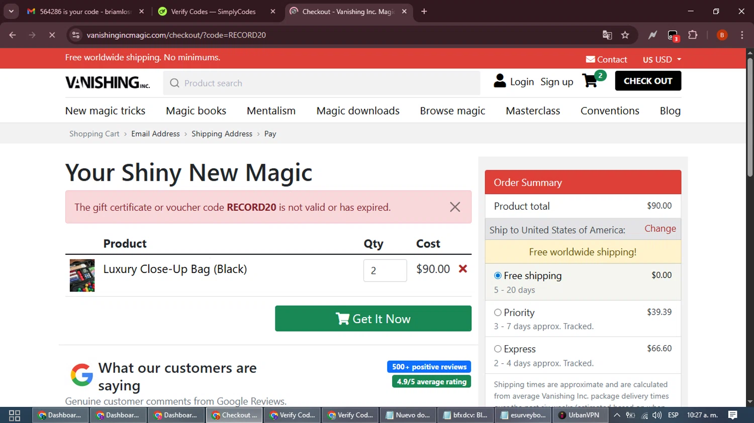 Vanishing Inc discount code screenshot showing code RECORD20 applied at Vanishing Inc checkout page. Uploaded by SimplyCodes community member DiscountExpert6435 on Sep 19, 2025