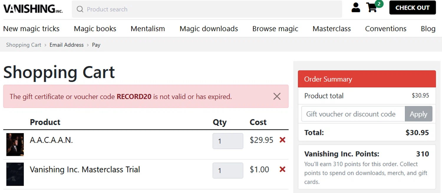 Vanishing Inc discount code screenshot showing code RECORD20 applied at Vanishing Inc checkout page. Uploaded by SimplyCodes community member GloriousCollector9521 on Sep 17, 2025