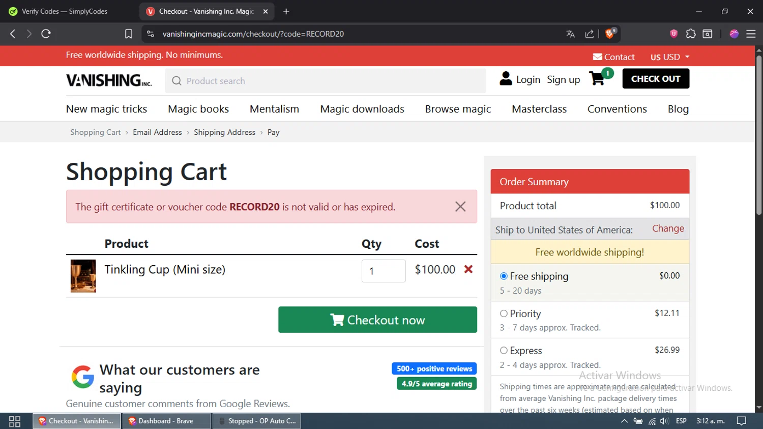 Vanishing Inc discount code screenshot showing code RECORD20 applied at Vanishing Inc checkout page. Uploaded by SimplyCodes community member Samira on Sep 19, 2025