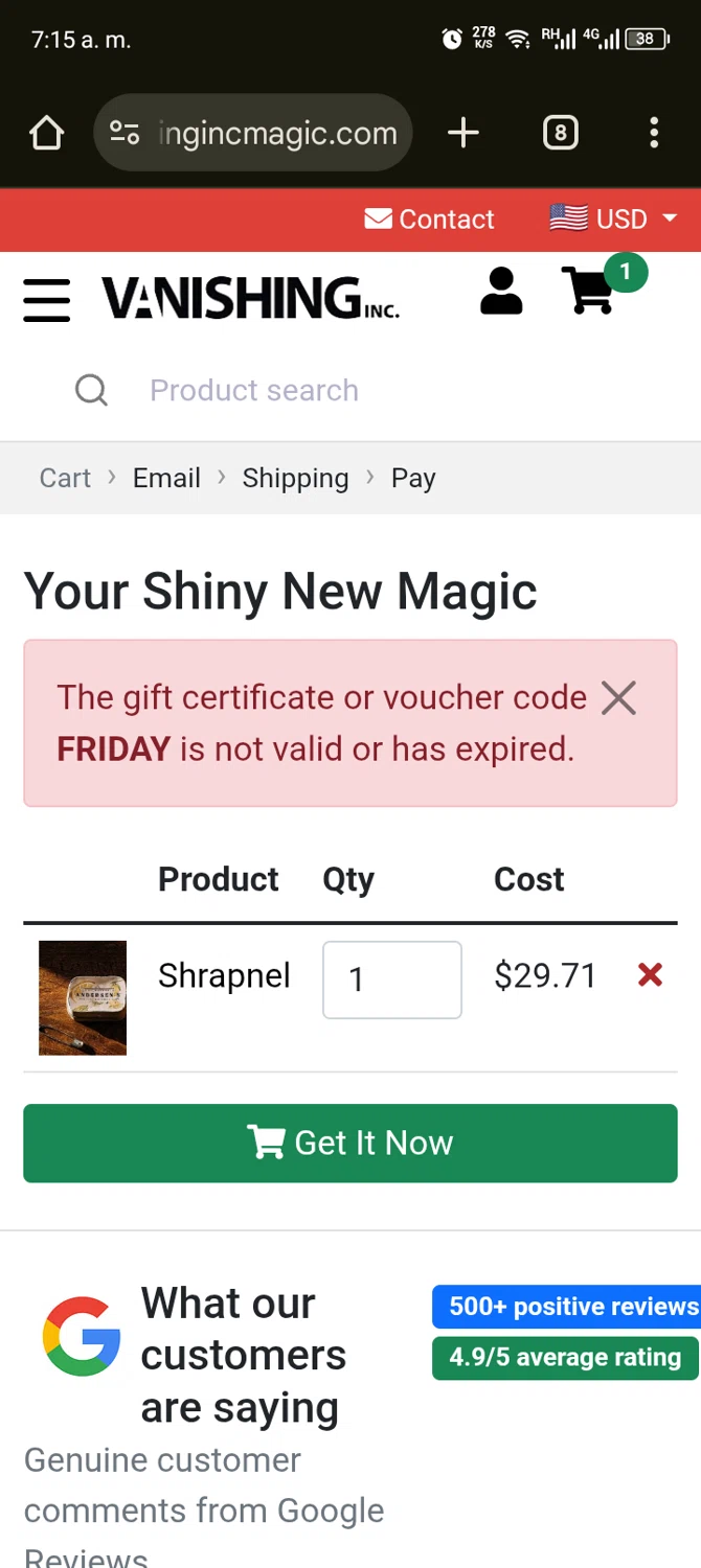 Vanishing Inc discount code screenshot showing code FRIDAY applied at Vanishing Inc checkout page. Uploaded by SimplyCodes community member ScanShopper554 on Jul 25, 2025
