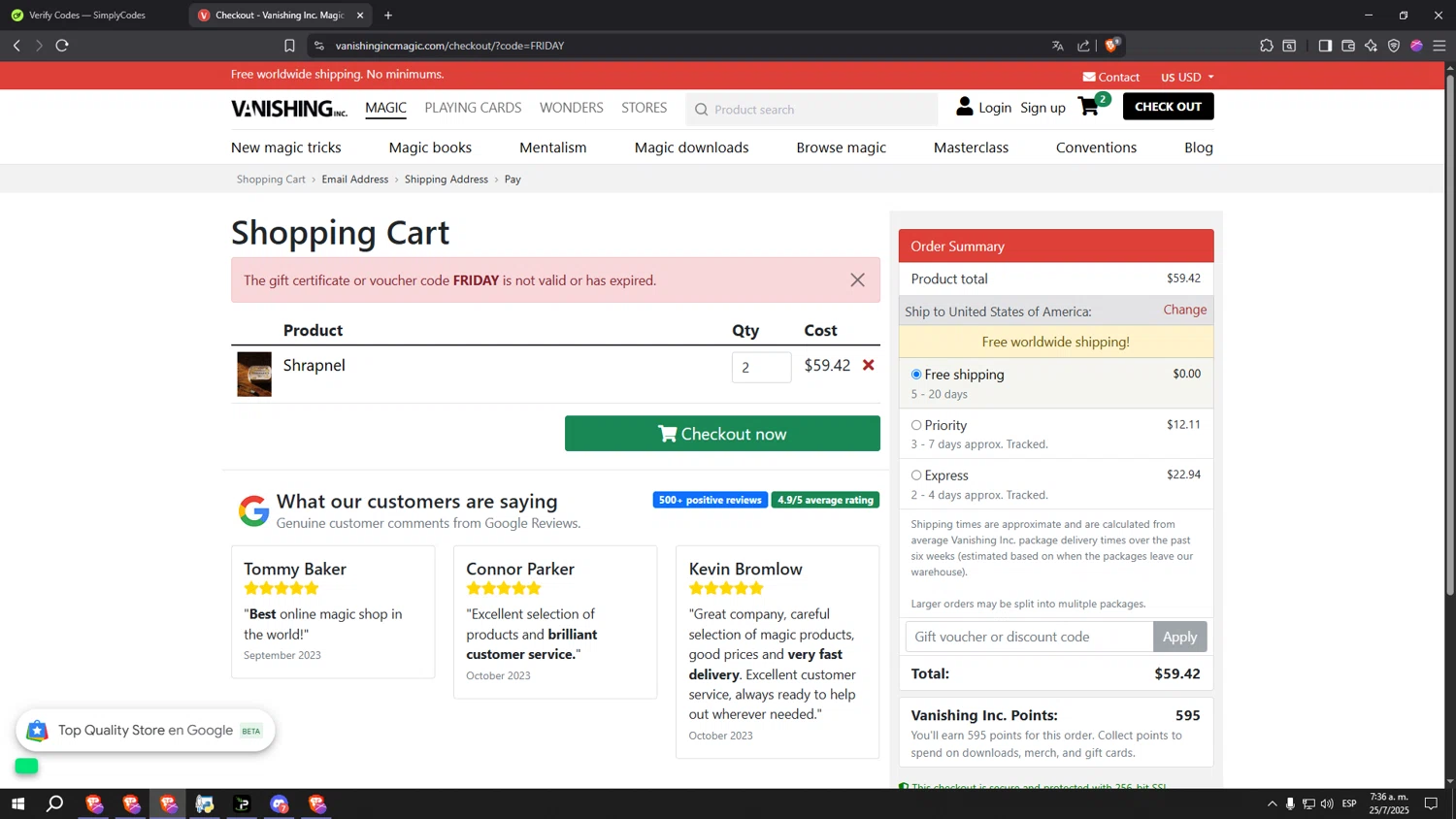 Vanishing Inc discount code screenshot showing code FRIDAY applied at Vanishing Inc checkout page. Uploaded by SimplyCodes community member lllllllllllllll on Jul 25, 2025