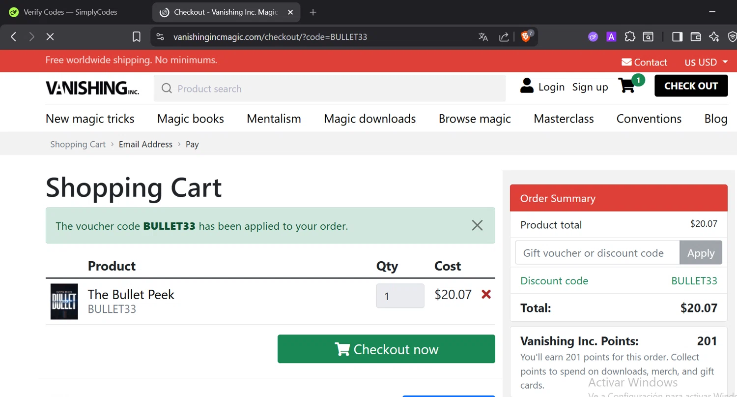Vanishing Inc discount code screenshot showing code BULLET33 applied at Vanishing Inc checkout page. Uploaded by SimplyCodes community member CashElite5536 on Dec 29, 2025