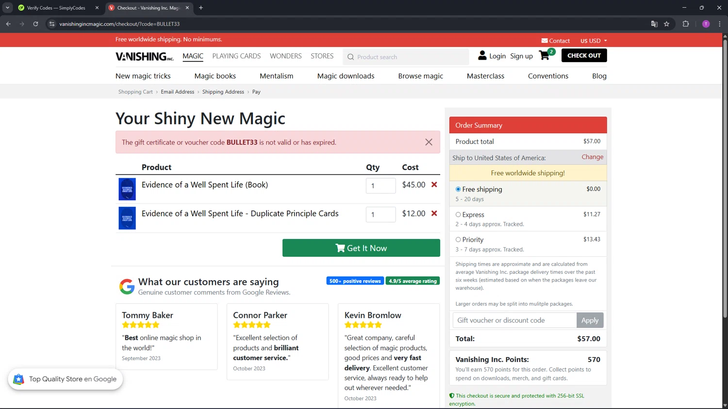 Vanishing Inc discount code screenshot showing code BULLET33 applied at Vanishing Inc checkout page. Uploaded by SimplyCodes community member CleverFinder9623 on Jan 24, 2026