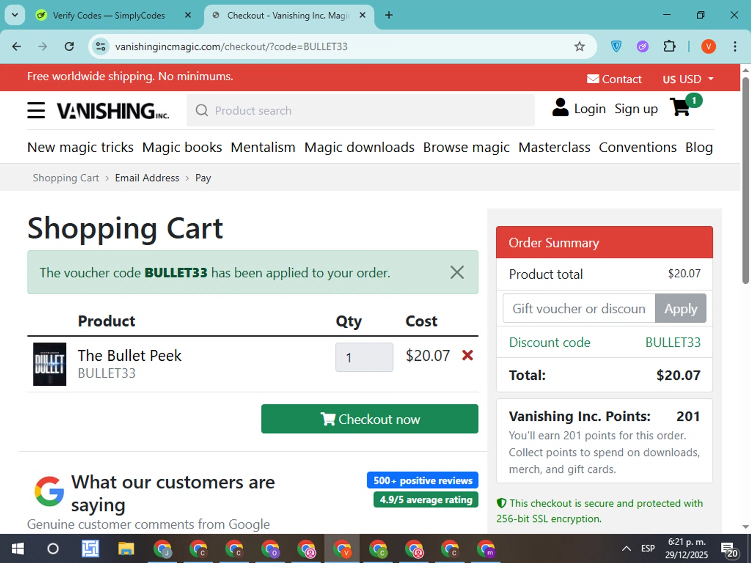 Vanishing Inc discount code screenshot showing code BULLET33 applied at Vanishing Inc checkout page. Uploaded by SimplyCodes community member CodeMonarch8148 on Dec 29, 2025