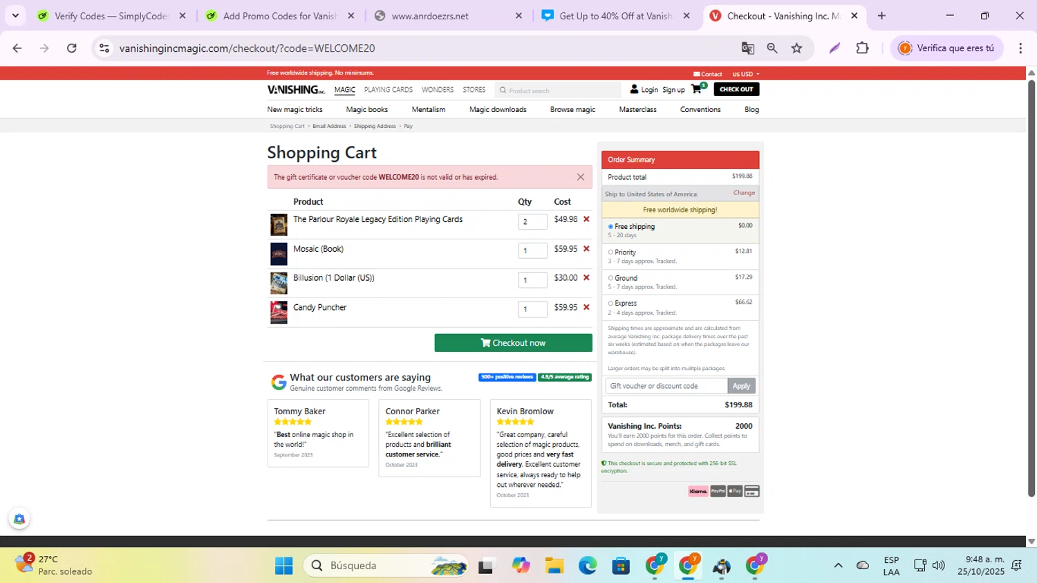 Vanishing Inc discount code screenshot showing code WELCOME20 applied at Vanishing Inc checkout page. Uploaded by SimplyCodes community member jesusalvarez1 on Oct 25, 2025