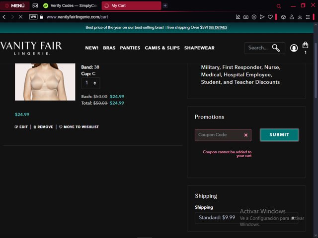 Vanity Fair Lingerie checkout page showing Vanity Fair Lingerie coupon code box | Screenshot taken by SimplyCodes community member on Mar 3, 2025