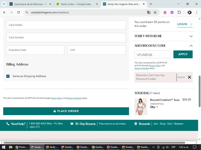 Vanity Fair Lingerie checkout page showing Vanity Fair Lingerie coupon code box | Screenshot taken by SimplyCodes community member on Jun 6, 2025