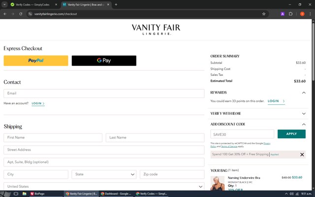 Vanity Fair Lingerie checkout page showing Vanity Fair Lingerie coupon code box | Screenshot taken by SimplyCodes community member on Sep 4, 2025