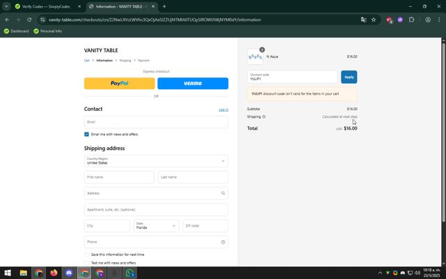 VANITY TABLE checkout page showing VANITY TABLE promo code box | Screenshot taken by SimplyCodes community member on May 23, 2025