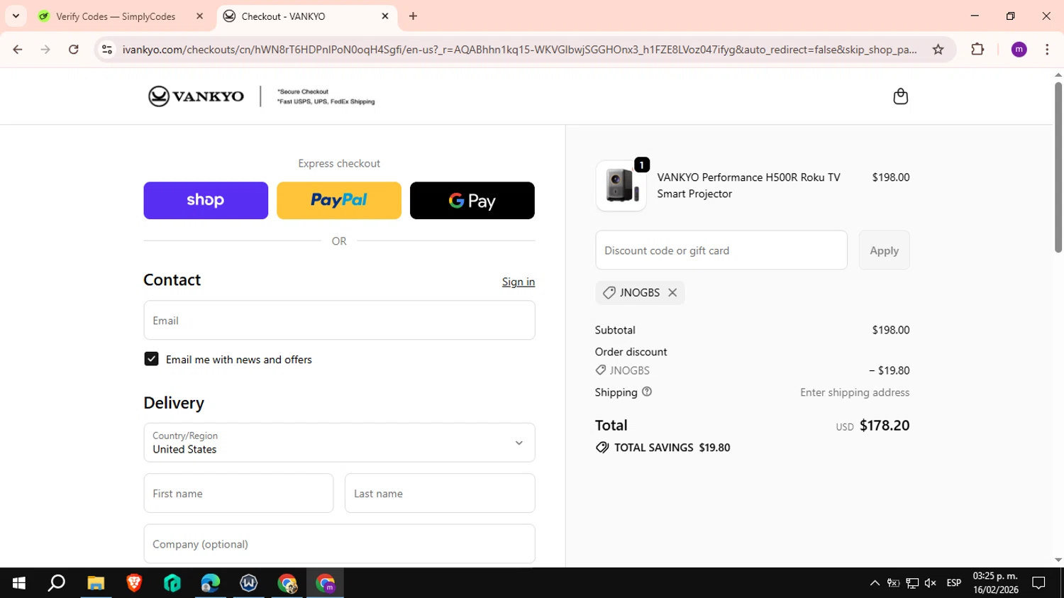 Vankyo checkout page showing Vankyo discount code box | Screenshot taken by SimplyCodes community member on Feb 16, 2026