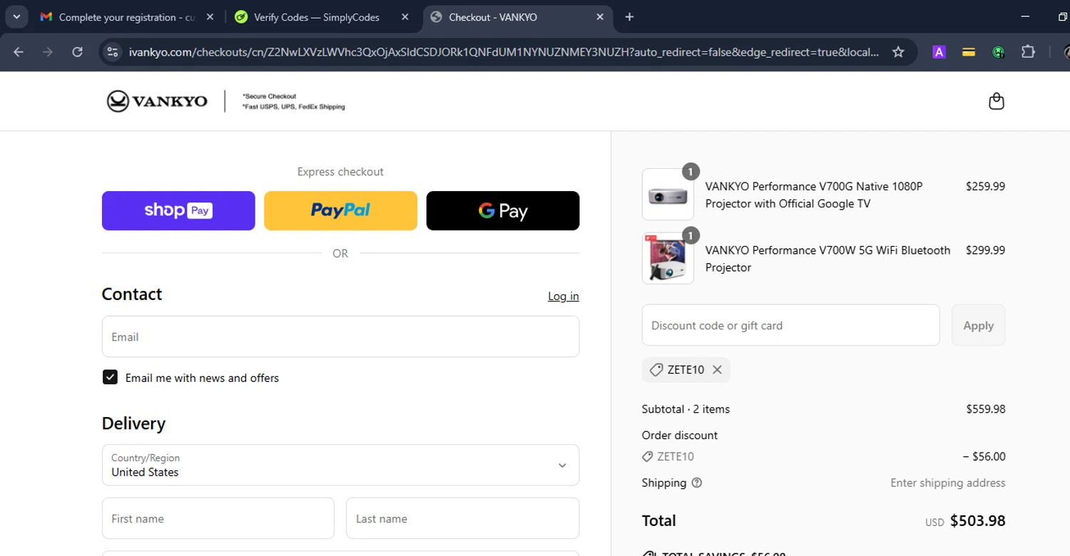 Vankyo discount code screenshot showing code ZETE10 applied at Vankyo checkout page. Uploaded by SimplyCodes community member Eduard on May 28, 2025