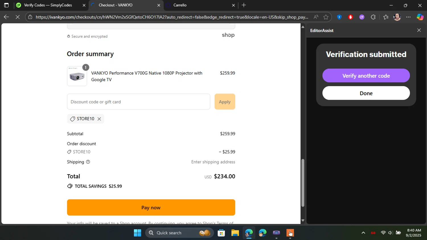 Vankyo discount code screenshot showing code STORE10 applied at Vankyo checkout page. Uploaded by SimplyCodes community member Blackleg_Sanji on Sep 2, 2025