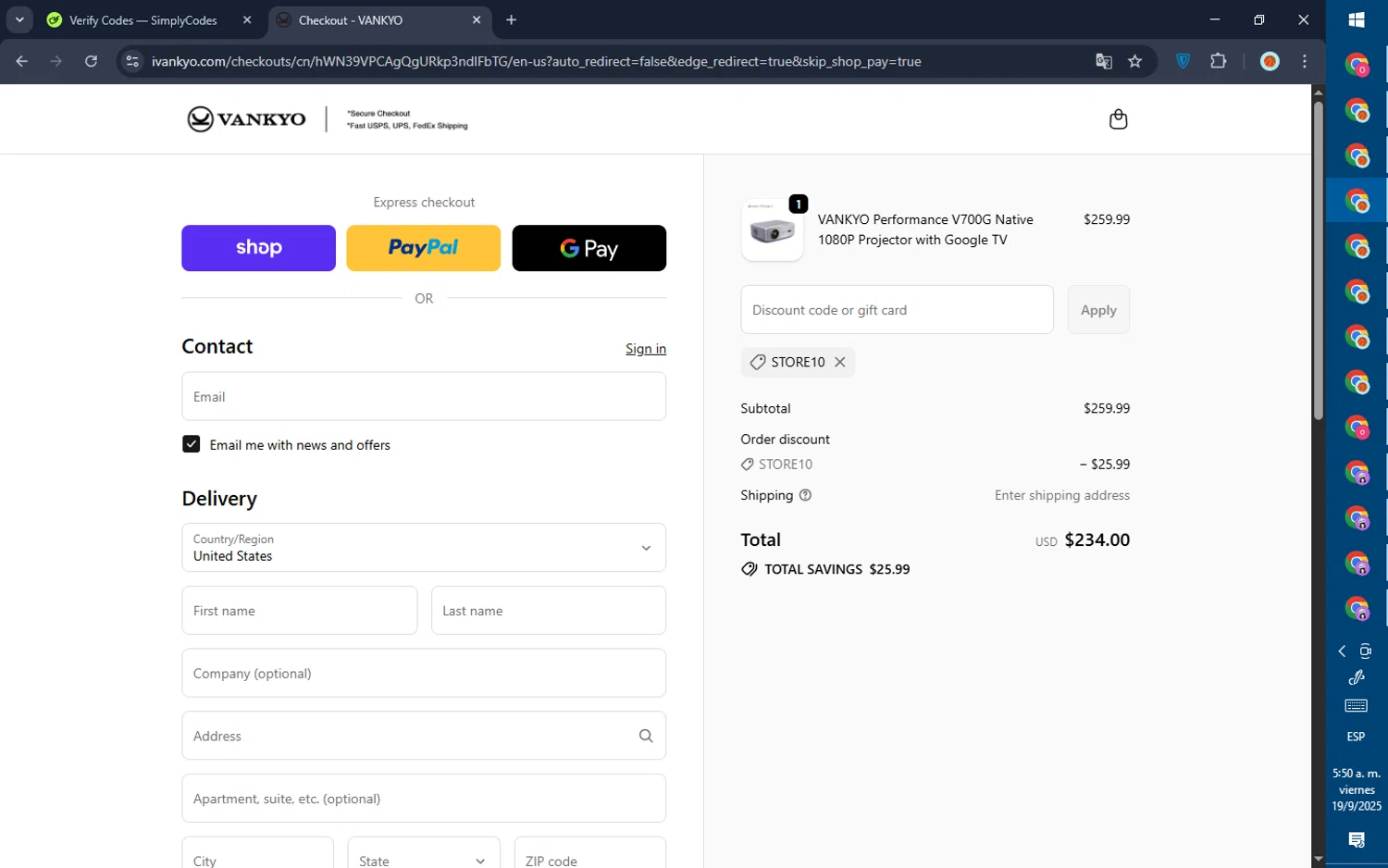 Vankyo discount code screenshot showing code STORE10 applied at Vankyo checkout page. Uploaded by SimplyCodes community member GoldPilot5958 on Sep 19, 2025