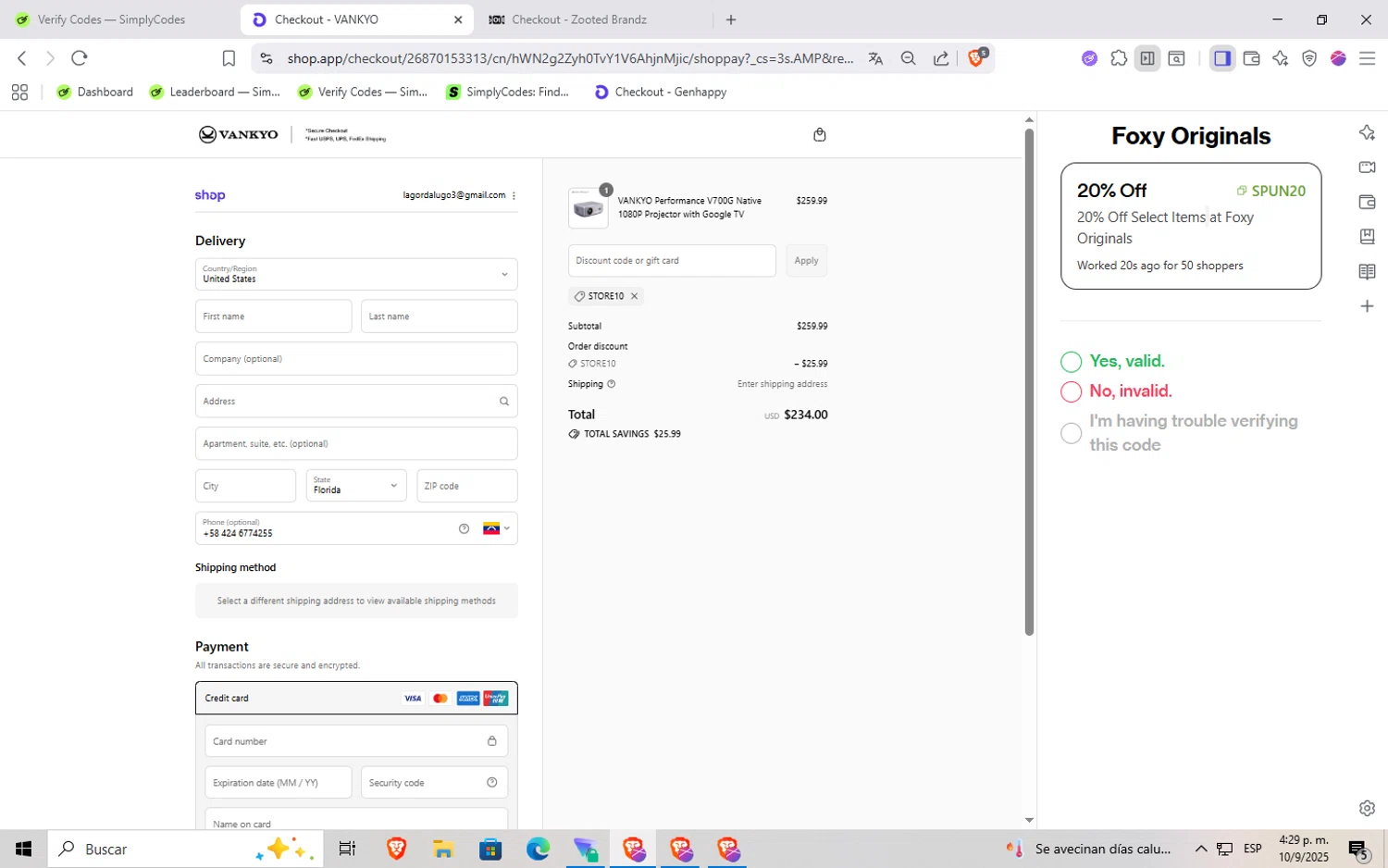 Vankyo discount code screenshot showing code STORE10 applied at Vankyo checkout page. Uploaded by SimplyCodes community member Rayyyyyy on Sep 10, 2025
