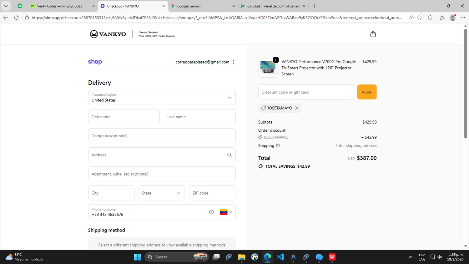 Vankyo checkout page showing Vankyo discount code box | Screenshot taken by SimplyCodes community member on Feb 19, 2026