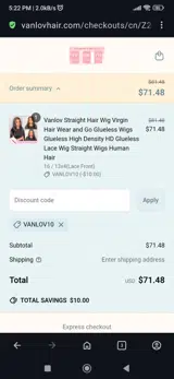 Vanlov10 coupon verification screenshot