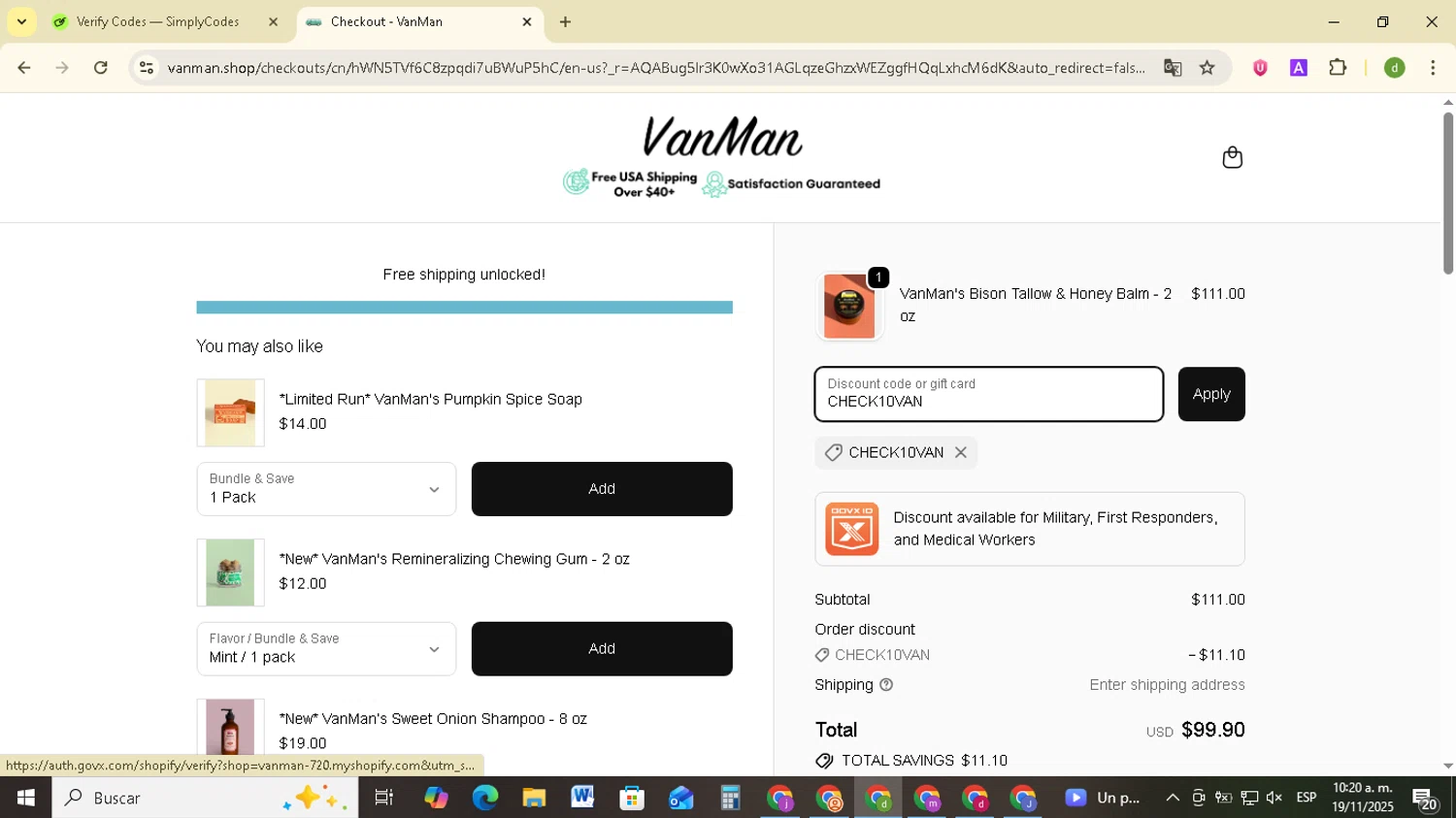 VanMan's Shop promo code screenshot showing code CHECK10VAN applied at VanMan's Shop checkout page. Uploaded by SimplyCodes community member SavingsSentinel833 on Nov 19, 2025