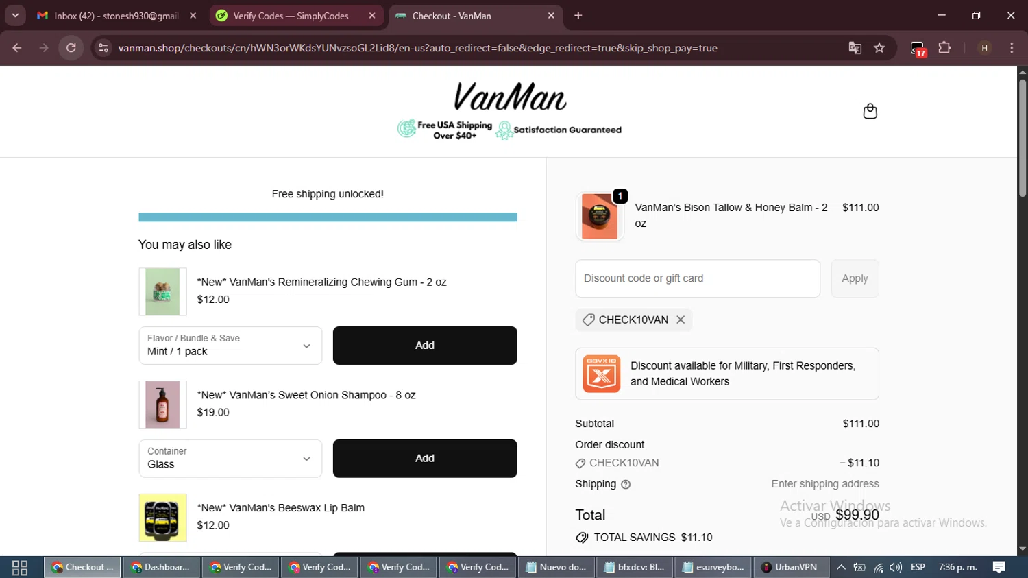 VanMan's Shop promo code screenshot showing code CHECK10VAN applied at VanMan's Shop checkout page. Uploaded by SimplyCodes community member VictoriousPioneer8823 on Oct 6, 2025