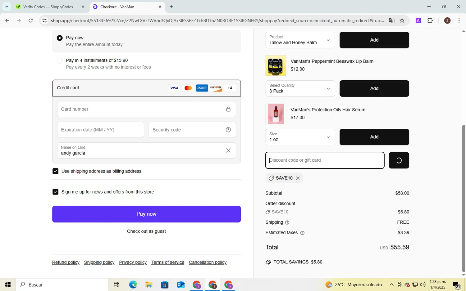 VanMan's Shop promo code screenshot showing code SAVE10 applied at VanMan's Shop checkout page. Uploaded by SimplyCodes community member QuestPhoenix2794 on Apr 1, 2025