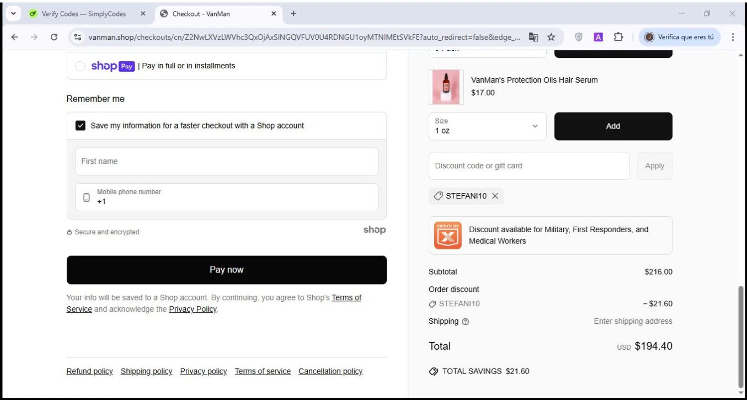 VanMan's Shop promo code screenshot showing code STEFANI10 applied at VanMan's Shop checkout page. Uploaded by SimplyCodes community member usenamee on Apr 22, 2025