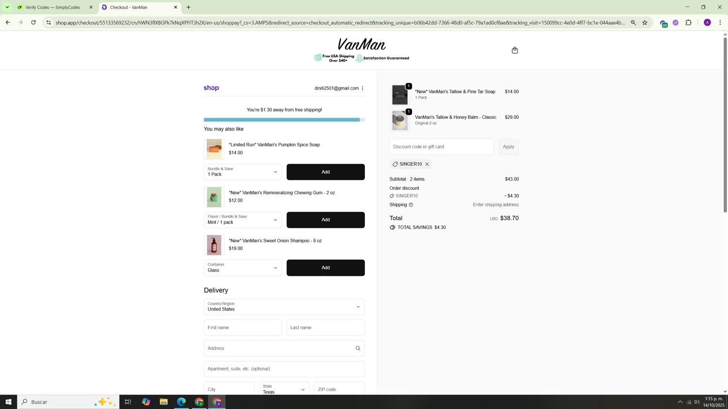 VanMan's Shop promo code screenshot showing code SINGER10 applied at VanMan's Shop checkout page. Uploaded by SimplyCodes community member Hasta_El_Final on Oct 14, 2025