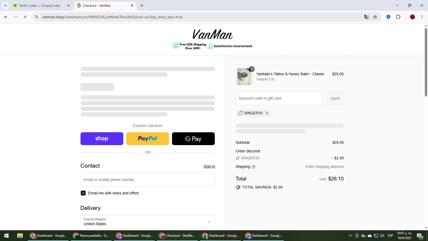 VanMan's Shop promo code screenshot showing code SINGER10 applied at VanMan's Shop checkout page. Uploaded by SimplyCodes community member MightyLegend6657 on Sep 16, 2025