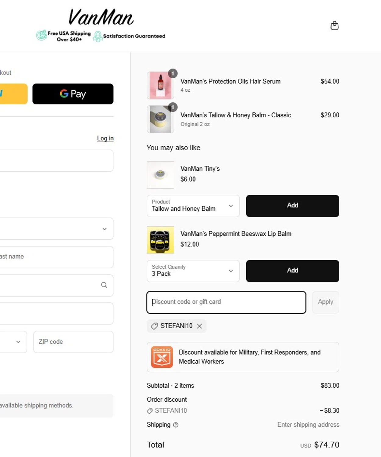 VanMan's Shop promo code screenshot showing code STEFANI10 applied at VanMan's Shop checkout page. Uploaded by SimplyCodes community member mandrakke on Apr 22, 2025