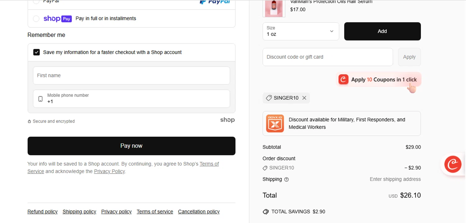VanMan's Shop promo code screenshot showing code SINGER10 applied at VanMan's Shop checkout page. Uploaded by SimplyCodes community member shark12 on May 2, 2025