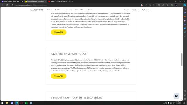 VanMoof checkout page showing VanMoof discount code box | Screenshot taken by SimplyCodes community member on Oct 22, 2023
