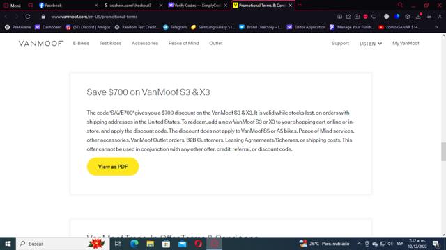 VanMoof checkout page showing VanMoof discount code box | Screenshot taken by SimplyCodes community member on Dec 12, 2023