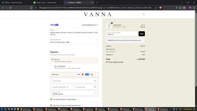 VANNA checkout page showing VANNA discount code box | Screenshot taken by SimplyCodes community member on Aug 28, 2025