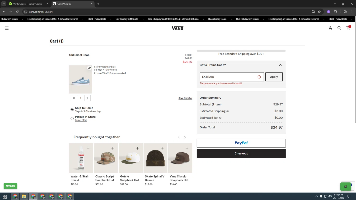 Vans promo code screenshot showing code EXTRA10 applied at Vans checkout page. Uploaded by SimplyCodes community member INSECTOS on Nov 26, 2025