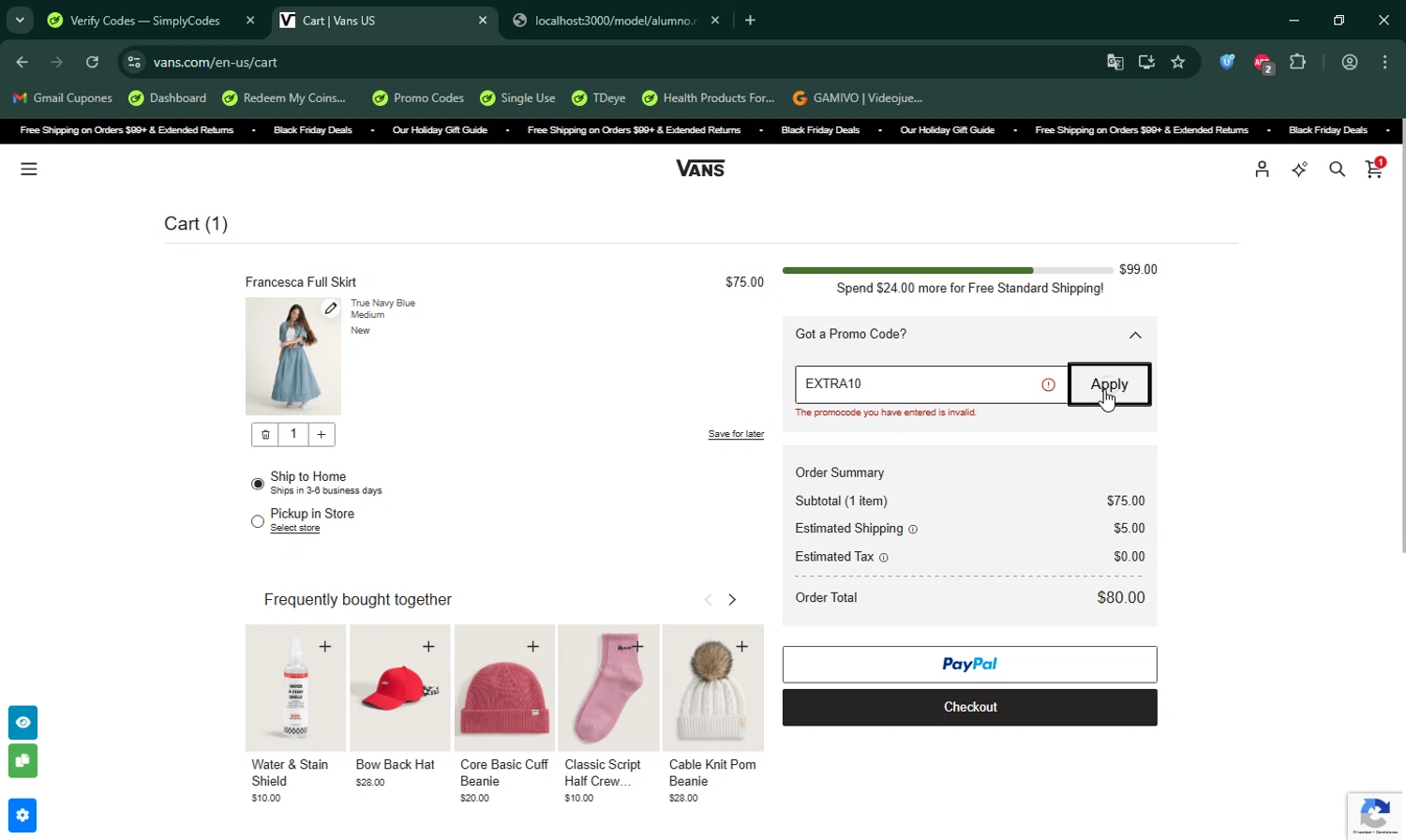 Vans promo code screenshot showing code EXTRA10 applied at Vans checkout page. Uploaded by SimplyCodes community member LHaunter on Nov 26, 2025