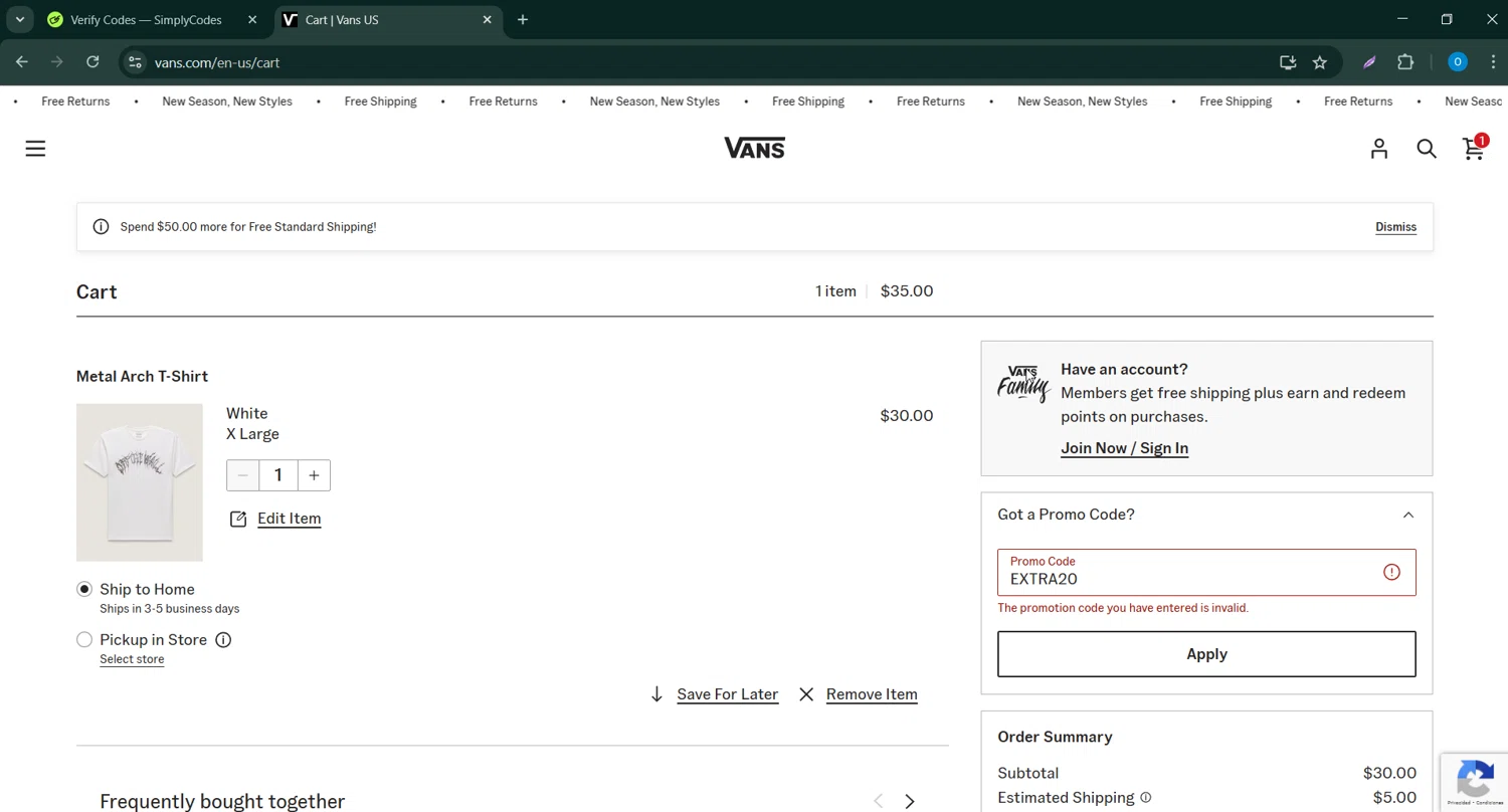 Vans promo code screenshot showing code EXTRA20 applied at Vans checkout page. Uploaded by SimplyCodes community member GoldAdmiral5202 on Apr 16, 2025
