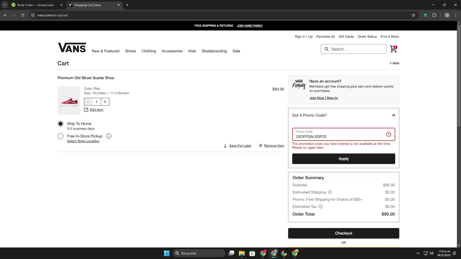Vans promo code screenshot showing code 25OFFSALESP23 applied at Vans checkout page. Uploaded by SimplyCodes community member Khaiden on Feb 26, 2025