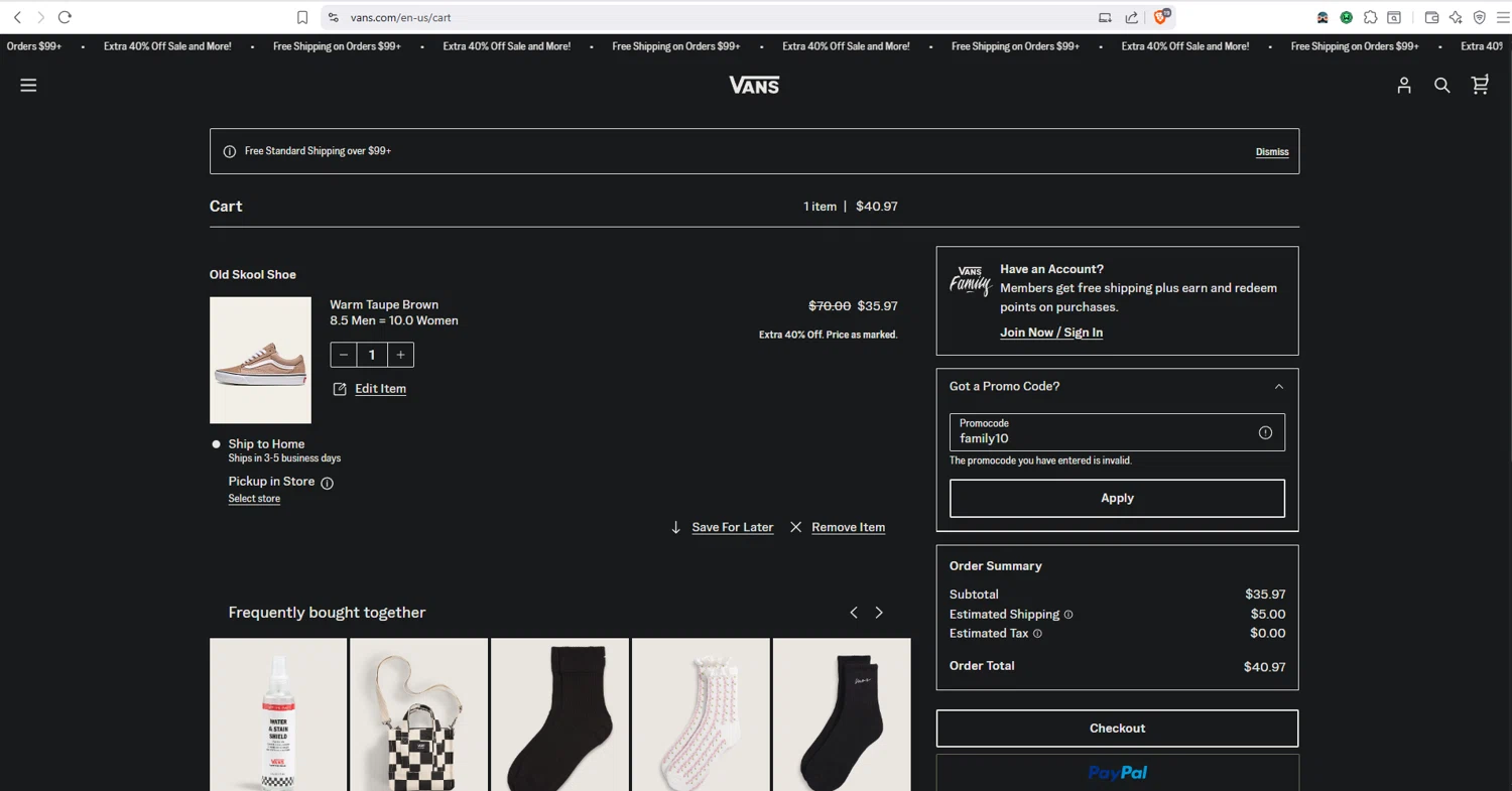 Vans promo code screenshot showing code family10 applied at Vans checkout page. Uploaded by SimplyCodes community member dayselis15 on Aug 5, 2025