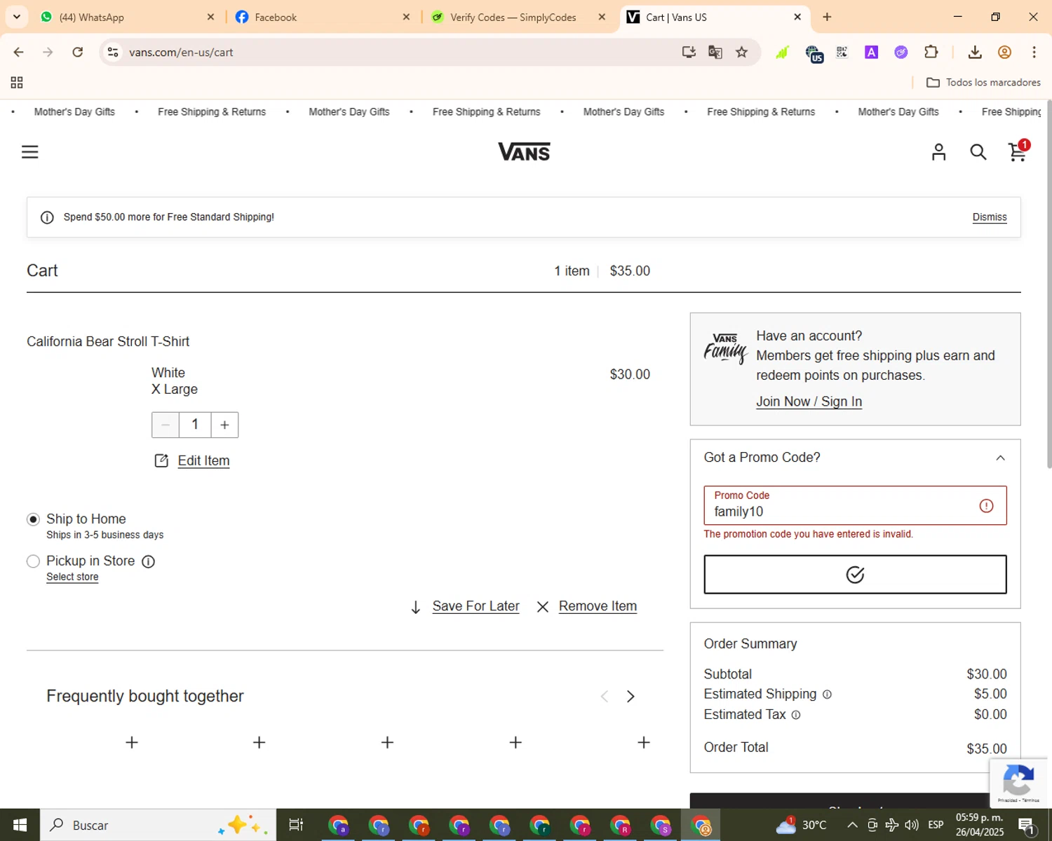 Vans promo code screenshot showing code family10 applied at Vans checkout page. Uploaded by SimplyCodes community member ashe1986 on Apr 26, 2025