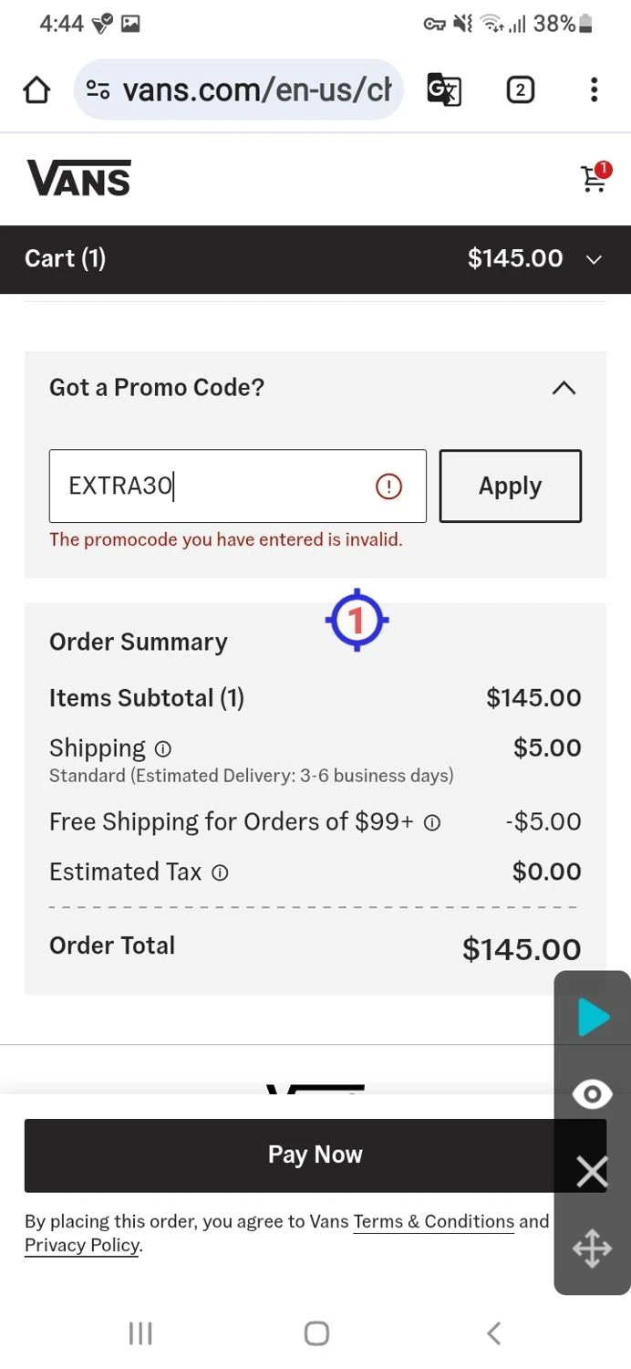 Vans promo code screenshot showing code EXTRA30 applied at Vans checkout page. Uploaded by SimplyCodes community member GoldSeeker7901 on Oct 24, 2025