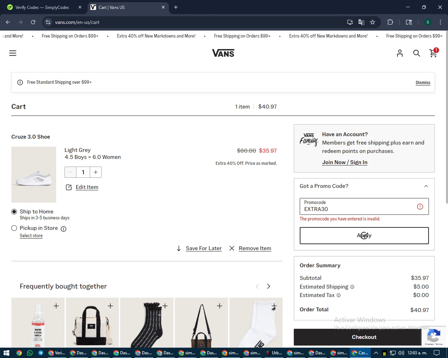 Vans promo code screenshot showing code EXTRA30 applied at Vans checkout page. Uploaded by SimplyCodes community member lilMosey on Aug 27, 2025